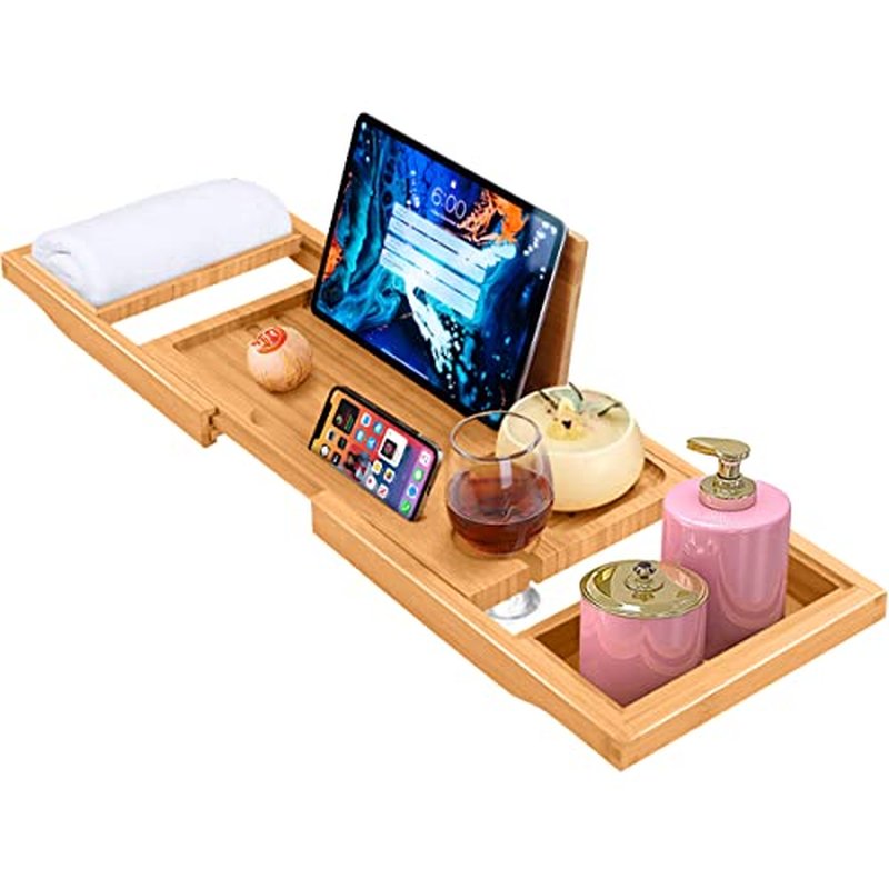 ADOV Bathtub Tray, Foldable Bamboo Bathtub Caddy, Adjustable Bath Tray for Tub with Book Rest, Phone, Tablet, Candle, Towel, Glass Holder, Extendable Wooden Bath-Shelf Fits Most Bathtubs Sizes