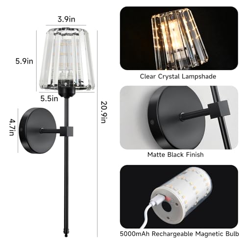 Black Battery Operated Crystal Wall Sconce Set of 2 with Remote & 12 Colors