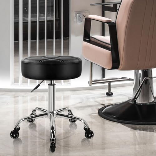 WKWKER Black Heavy Duty Adjustable Rolling Stool with 360° Swivel & Thick Leather Seat