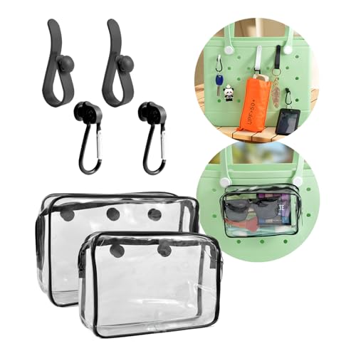 Trendy Beach Bag Accessories Set For Bogg Bag, Phone Storage Bag, 6Pcs Hooks, 2Packs Clear Bags, (Black)