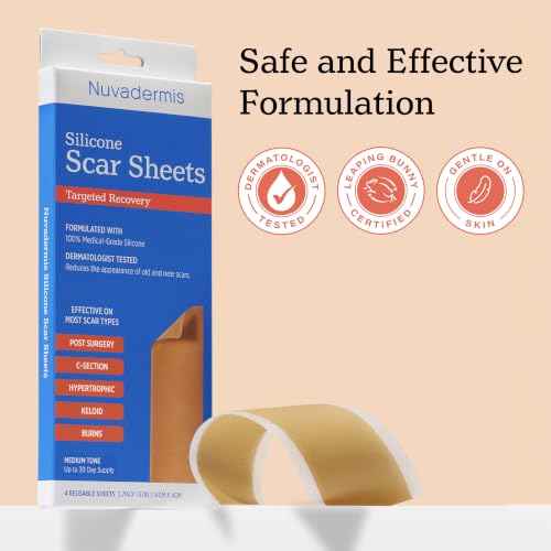 NUVADERMIS Silicone Scar Sheets 4 Pack Medium Tone Extra Long Medical-Grade Scar Treatment for C-Section Tummy Tuck and Surgical Scars
