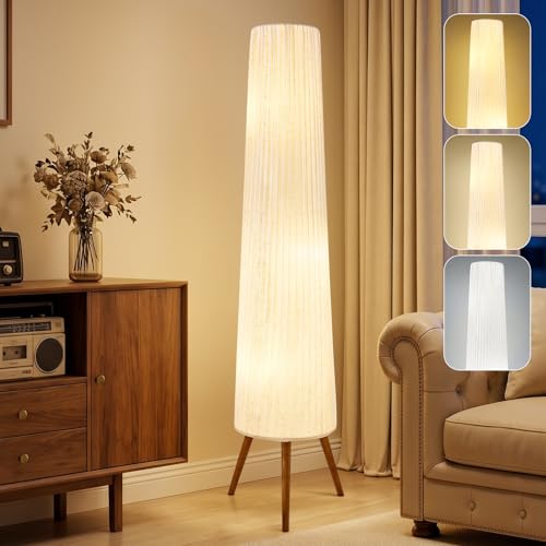 GyroVu 60-Inch Oatmeal Wood Floor Lamp with Color Temperature Dimming - Beige Shade