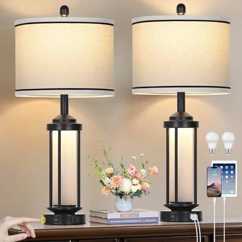Set of 2 Black Farmhouse Rustic Industrial Table Lamps with USB+C Ports & AC Outlet - 26 Inch Bedside Lamps with LED Night Light & Linen Shade - Variation of THIS listing