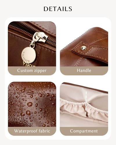 Yikisite Boho Brown Medium Makeup Bag – Travel Toiletry Organizer with Divider, Waterproof PU Leather