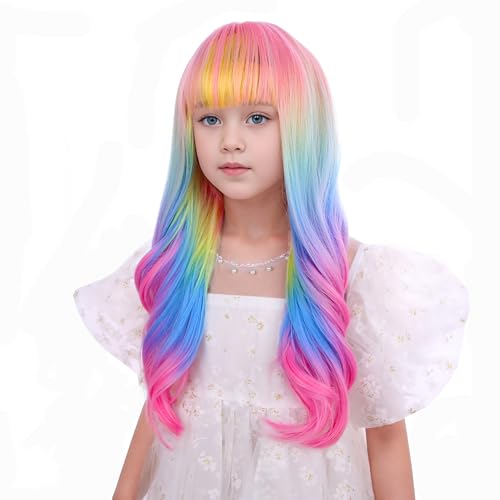 Rainbow Kids Long Curly Wavy Wig - Colorful Synthetic Hair with Cap - Variation of THIS listing