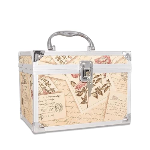 Vintage Stamp Makeup Train Case with Mirror - Lockable Portable Cosmetic Organizer