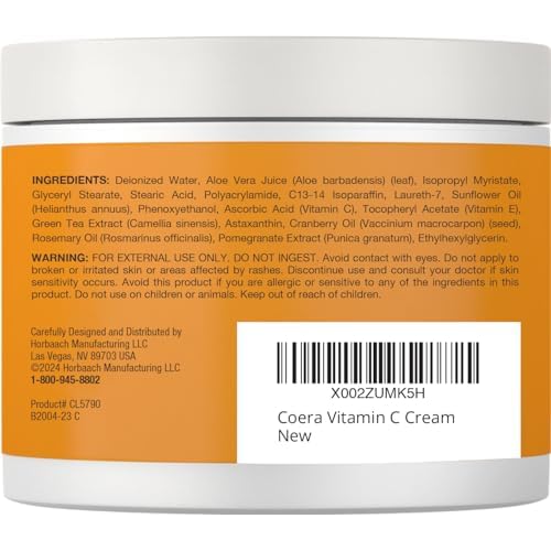 Coera Vitamin C Cream | 4oz | For Face, Dark Spots, Body, and Skin | Brightening, Hydrating, & Firming Moisturizer | Free of Parabens, SLS & Fragrances | Cruelty Free | Packaging May Vary