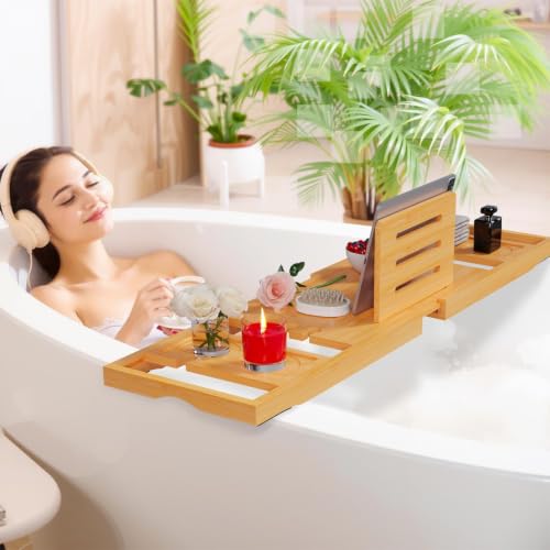Wooden Bathtub Caddy Tray with Adjustable Slots for Wine Phone Candle Spa