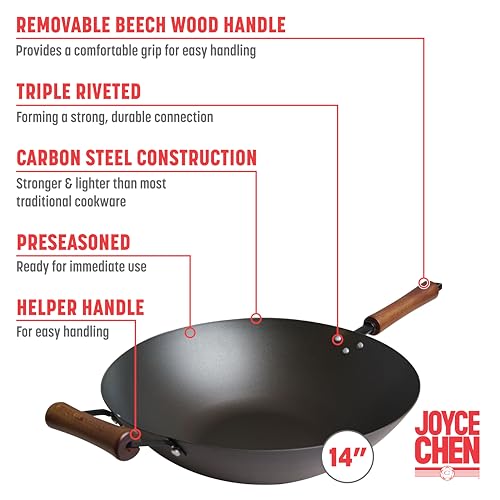 Joyce Chen 14-Inch Preseasoned Carbon Steel Wok - Classic Series, Non-Stick, Ready to Use