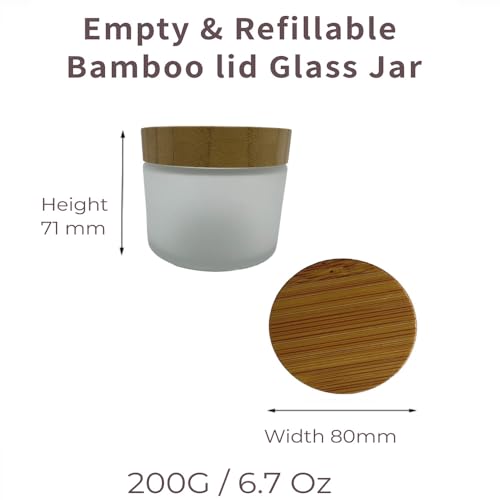 Empty Refillable Frosted Glass Cosmetic Cream Jar 4 Pack 6.7 OZ/200g with Bamboo Lids,Skin Care Travel Containers Pot for Clay Masks,Butter,Body Scrub,Lip Balm, Ointments, Lotion Frost