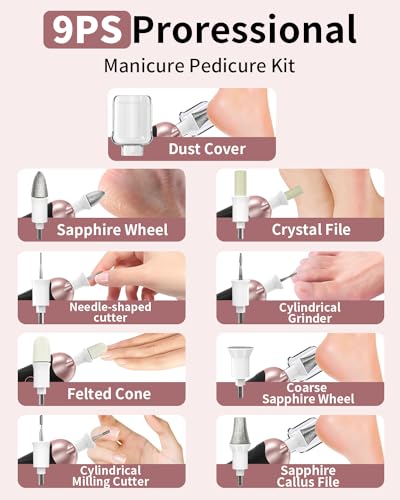 Electric Nail Drill Kit with 9 Bits - Pink Manicure Pedicure Set, Portable & Rechargeable