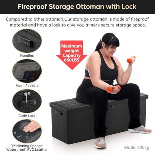 Fireproof Waterproof Storage Ottoman Bench with Lock - 43x15x15 Black