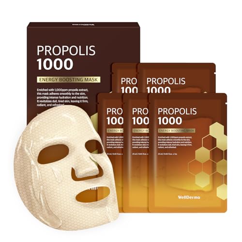 WELLDERMA Propolis 1000 Energy Boosting Sheet Mask ? 5 Sheets | Korean Face Mask for Hydration, Vitality & Radiant Care | Infused with Propolis Extract 1,000ppm & Honey