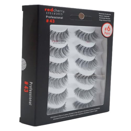 Red Cherry Eyelashes #43 False Eyelashes, 12 Pairs, Full Black, Handcrafted, Natural-Glamour Style, Cruelty-Free, Vegan