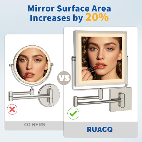 Ruacq Rechargeable Wall Mounted Makeup Mirror with Lights, Double Sided 1X/7X Magnifying Vanity Mirror with 3 Color Lights, Touch Screen Dimmable, 360¡Æ Rotation Extension Foldable (Brushed Nickel)