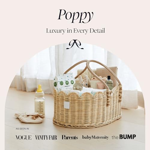 Natural Baby Diaper Caddy Organizer with Scalloped Rattan & Removable Divider - Stylish & Multi-Purpose