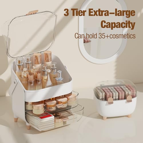 Makeup Organizer for Vanity, Skincare Organizer with Drawers, Storage Box with Handle, Cosmetic Display Cases for Dresser, Bathroom, Countertop, Christmas Gifts for Teen Girls(Rose Gold)