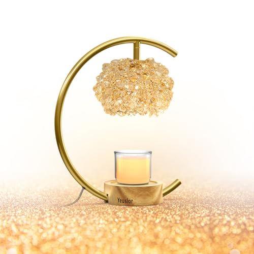 Gold Candle Warmer Lamp with Crystal Handcrafted Shade & Wooden Base - Adjustable Brightness & Timer, for Jar Candles, Home Decor