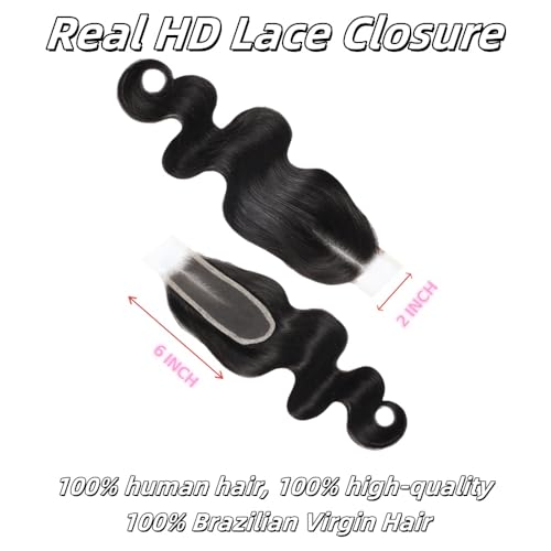 16 Inch Body Wave HD Lace Closure Human Hair 2x6 Brazilian Virgin Pre-Plucked with Baby Hair