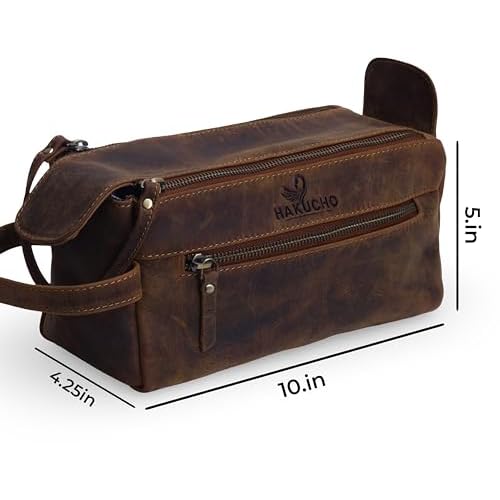 Walton Buffalo Leather Toiletry Bag for Travel, Tan Brown