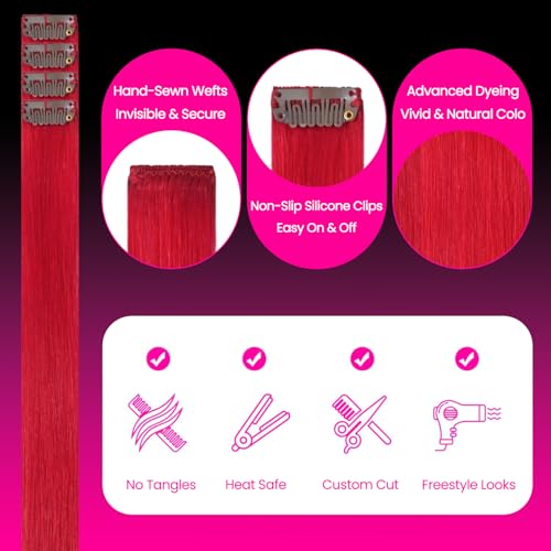 20 Inch Red Clip-In Hair Extensions - 100% Real Human Hair Highlights, Easy DIY Styling