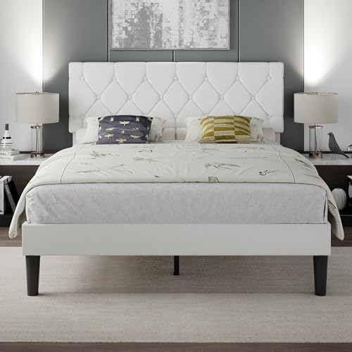 Queen Bed Frame with Upholstered Tufted Headboard - White, Adjustable & Noise-Free