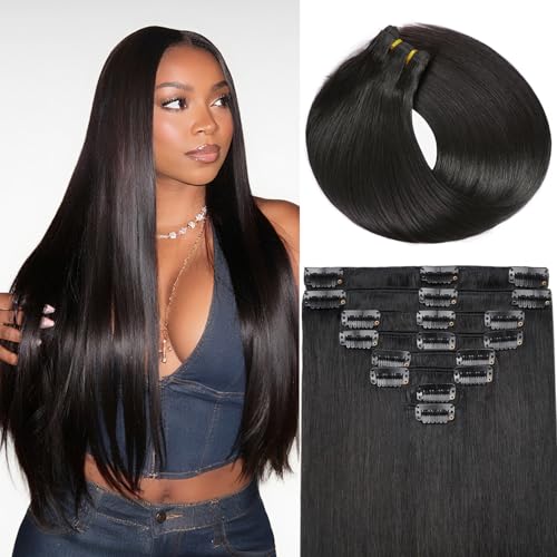 ZNXDJXE Natural Black 1B 18 Inch Clip-in Human Hair Extensions 100g/8pcs