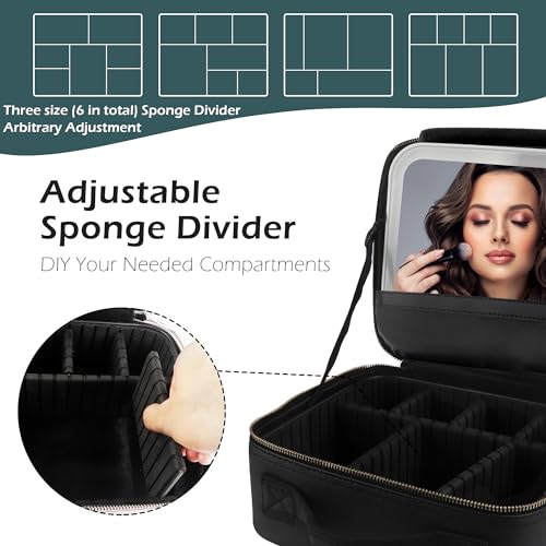 MOMIRA Travel Makeup Bag Cosmetic Bag with Lighted Mirror, Adjustable Brightness in 3 Color Scenarios, Waterproof, 10x Magnifying Mirror, Rotatable Independent Light Mirror- Black(Solid)