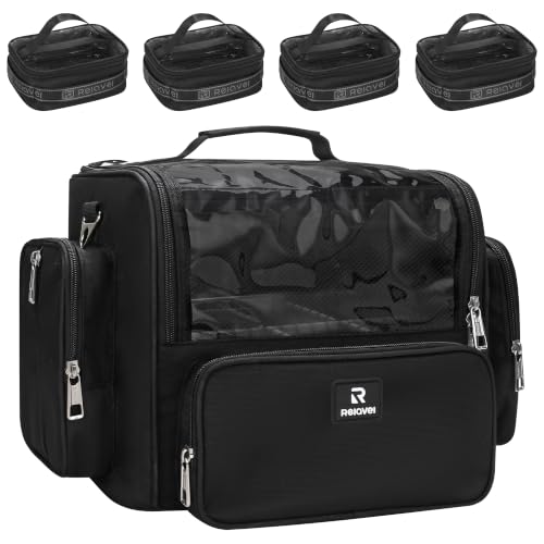 Extra Large Makeup Brush Case with 4 Small Bags - Travel Organizer with Adjustable Dividers & Shoulder Strap - Black