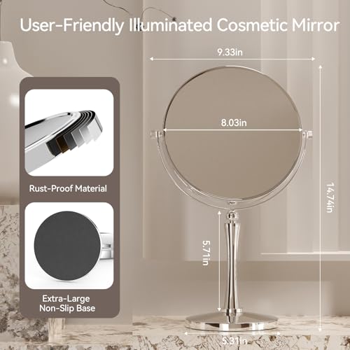 8-Inch Dual-Sided Makeup Mirror with 20X Magnification, 360° Rotation, Chrome Finish