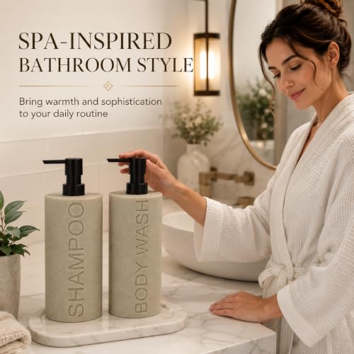Tan Refillable Resin Shampoo & Body Wash Dispenser Set with Matte Pump Top – Durable Bathroom Accessory