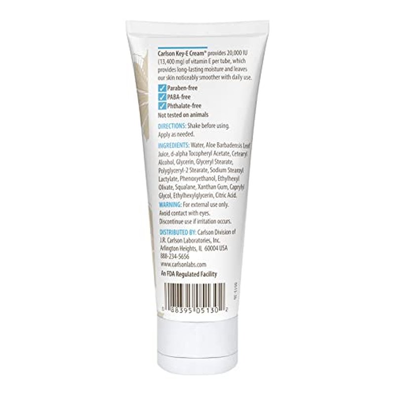 Carlson - Key-E Hand & Body Cream, Vitamin E & Organic Aloe, 20000 IU Vitamin E, Fragrance-Free, 4 oz (Pack of 2)