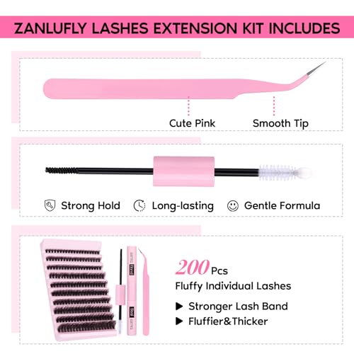 zanlufly Volume Lashes Extension Kit 20MM Mink Lashes Clusters Individual Lashes with Lash Bond and Seal and Applicator Thick Eyelashes Extension Kit