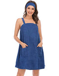 Large Blue Women Bath Wrap Towel with Pocket & Facial Headband - Adjustable Spa Robe