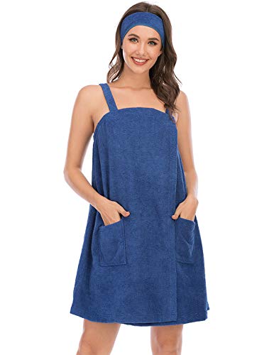 Large Blue Women Bath Wrap Towel with Pocket & Facial Headband - Adjustable Spa Robe