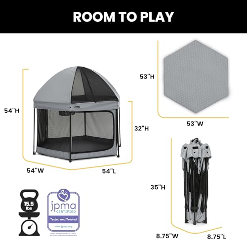 Delta Children Jeep Hexagon Pop Up Play Yard with Removable Canopy - Grey, Indoor & Outdoor Baby Playpen