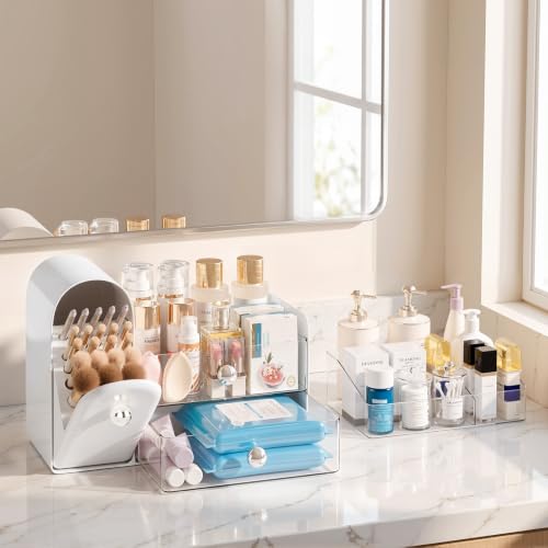 Delamu White Large Vanity Makeup Organizer – 3-in-1 with 27 Compartments