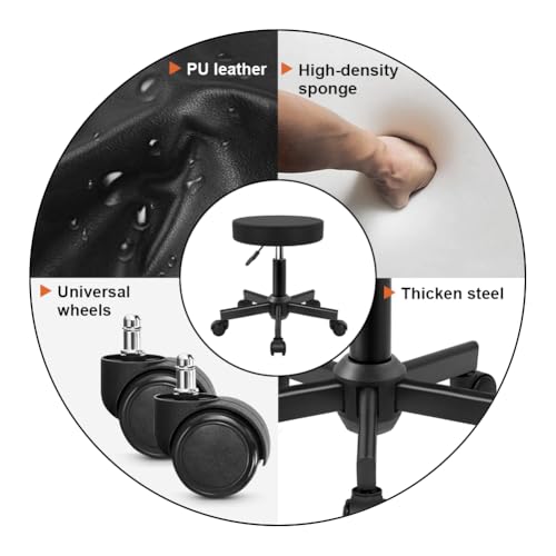 KKTONER Round Stool Rolling Stools PU Leather Height Adjustable Stool with Wheels Swivel Spa Drafting Work Chair Small (Black)