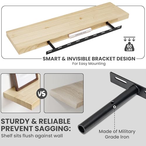 Marsmiles Natural Finish 36-inch Wall Floating Shelves Set of 2, Rustic Wall Storage with Heavy-Duty Brackets