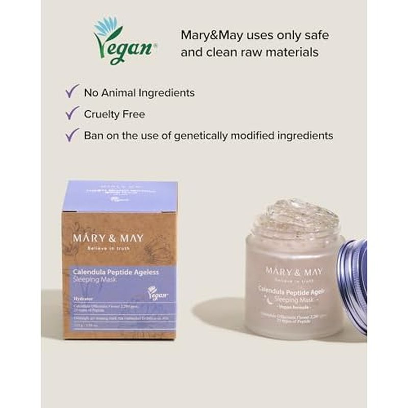 Mary&May Vegan Calendula Peptide Ageless Sleeping Mask (2,200ppm Real Petals + 25 Peptides) ? Overnight Hydrating Gel Face Mask with Ceramide & Hyaluronic Acid, Soothing 3.7 fl oz
