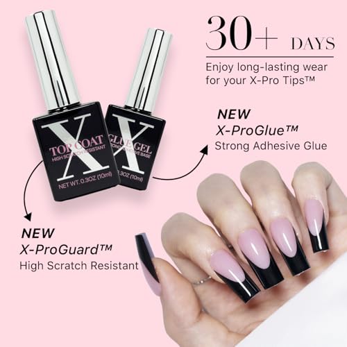 SXC Cosmetics French Tip Press On Nails ? Black Series, Medium Square, X-Pro Tips Starter Kit | 150PCS, 15 Sizes, 5 Styles, Beginner-Friendly