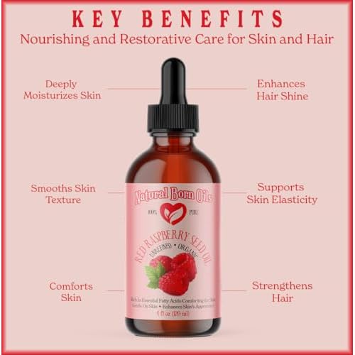 Natural Born Oils Red Raspberry Seed Oil, 4oz, Organic, Cold-Pressed Carrier Oil, Rich in Antioxidants, Ideal for Skin Hydration & Hair Nourishment