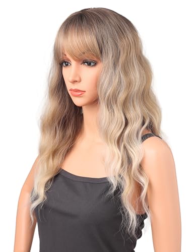 22 Inch Ash Blonde Wavy Wig with Bangs - Synthetic Heat-Resistant Hairpiece for Women