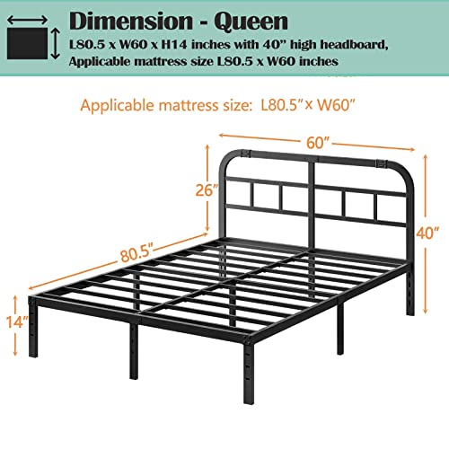 Queen Heavy Duty Metal Platform Bed Frame with Headboard - Sturdy Steel Support