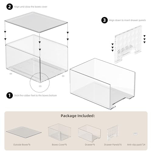 Delamu 6 Pack Stackable Storage Drawers, Makeup Skincare Holder Vanity Storage Organizer, Plastic Drawers For Vanity Desk, Undersink, Kitchen Cabinet, Pantry, Clear, Ideal Christmas Gifts for Girls
