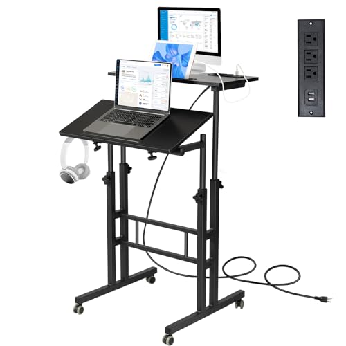Black Adjustable Mobile Standing Desk with Charging Station & Wheels - 23.6"