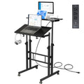 Black Adjustable Mobile Standing Desk with Charging Station & Wheels - 23.6"