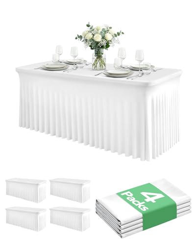 6 ft White Spandex Table Cover Skirt Set - Floor-Length Ruffle, 4 Pack - Rectangle Variation