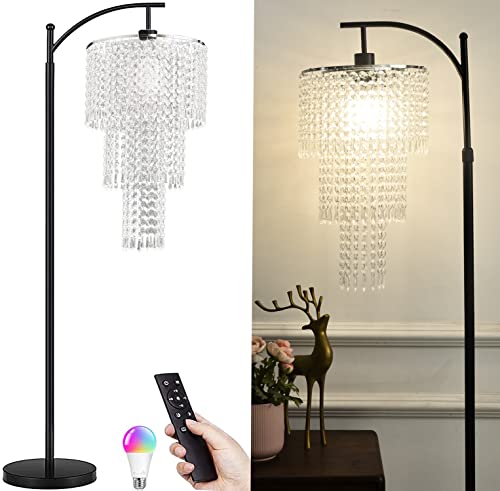 ZECOXOL Crystal Arc Floor Lamp with Remote Control - Dimmable Tall Standing Light with 10 Color Temperatures, 3-Tier Shade, Height Adjustable, Black, Model 11 - Clear / Crystal