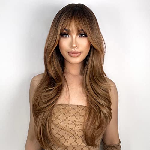 N NAYASA Light Brown Wigs for Women with Bangs, 24-Inch Ombre Long Layered Synthetic Wig - Dark Roots, Natural Look (Variation: Brown)